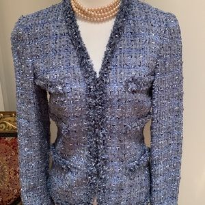 ESCADA BLUE WOOL BLEND TWEED JACKET FRINGE DETAILS WITH FRONT POCKETS SIZE XS/S